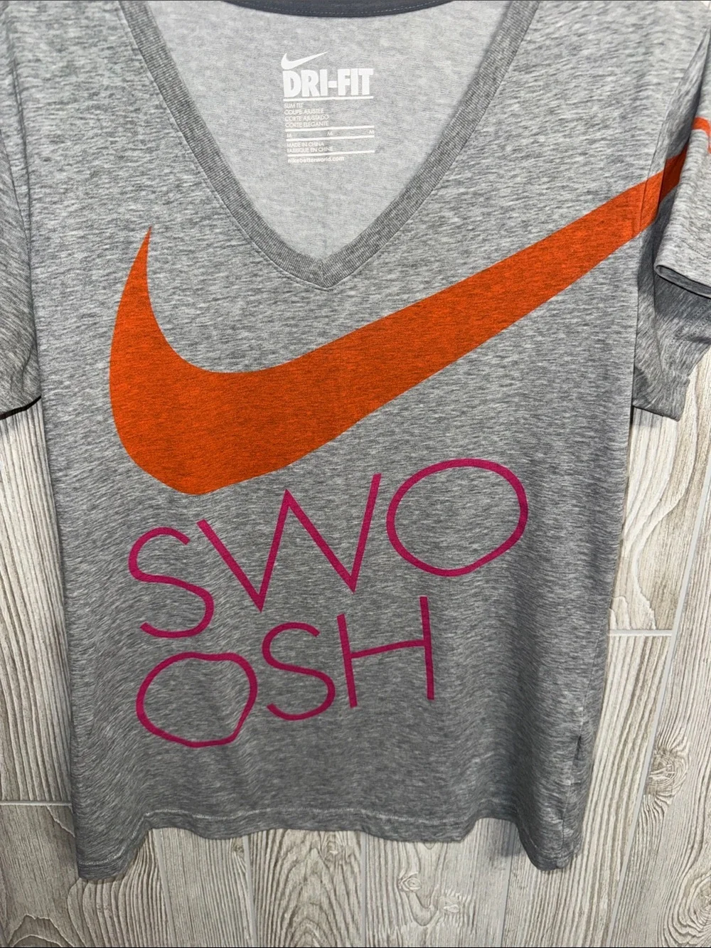 Nike Gray Dri-FIT Short Sleeve Tee with Orange Swoosh and Pink Logo